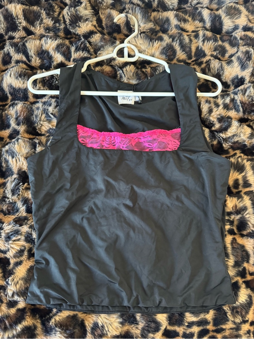 Princess Polly Black Tank with Hot Pink Lace Accent